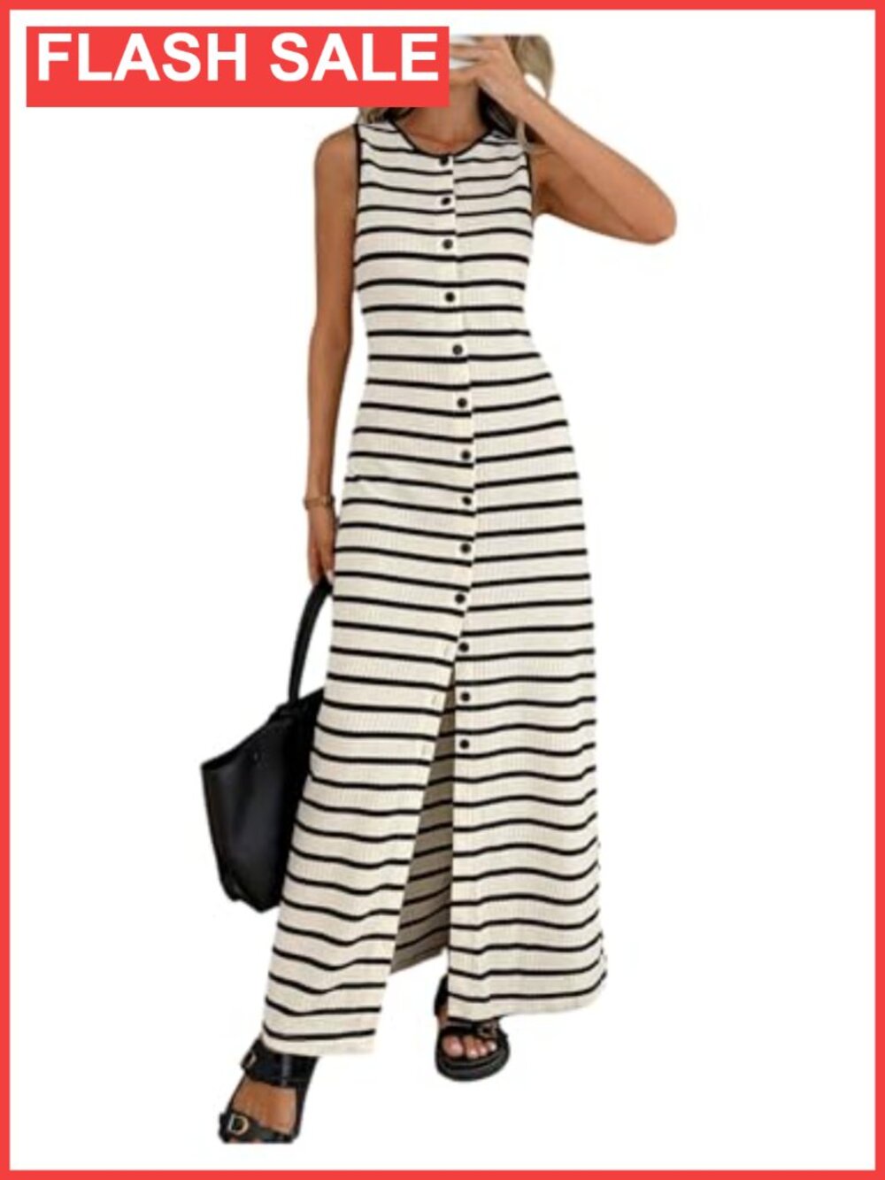 Striped Maxi Dress Button Down Knit Bodycon Sleeveless Casual Summer